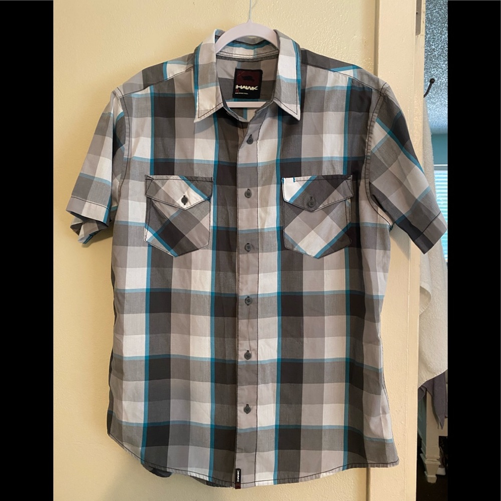 Tony Hawk Men's Plaid Button Down Shirt - Black, Gray, Blue